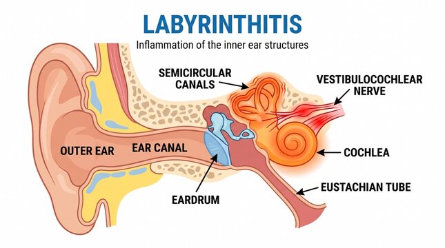 Human ear anatomy diagram showing labyrinthitis inner ear inflammation