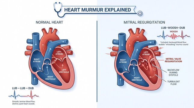 Heart murmur infographic comparing normal heart and mitral regurgitation