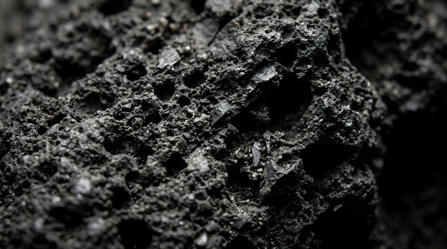 Black lava rock surface featuring porous texture and rough geological details up close