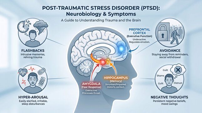 Educational infographic showing ptsd neurobiology and mental health symptoms