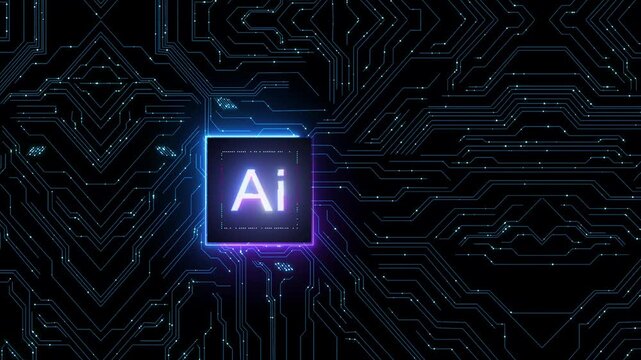 Artificial intelligence logo icons glowing on a digital circuit board background with data lines with set against dark
