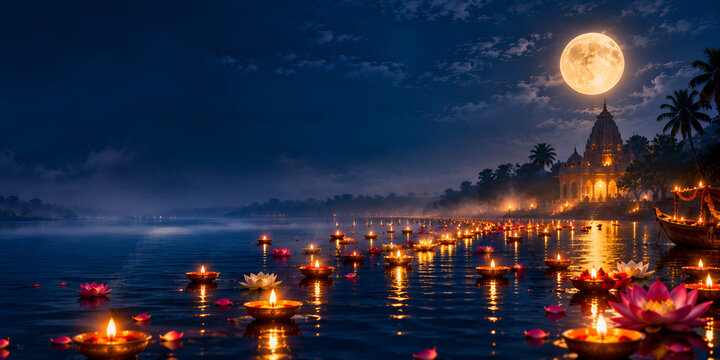 Floating water lanterns and glowing candles during loy krathong festival under a full moon night with festival celebration tradition thailand floating luminous landscape