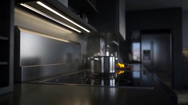 Stainless Steel Pot Simmering on Induction Cooktop in Modern Dark Kitchen with Ambient Lighting and Steam Rising