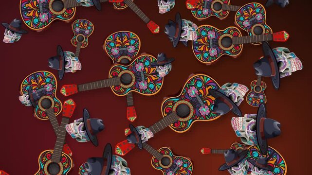 Mexican Day of the Dead Pattern with Guitars and Sugar Skulls