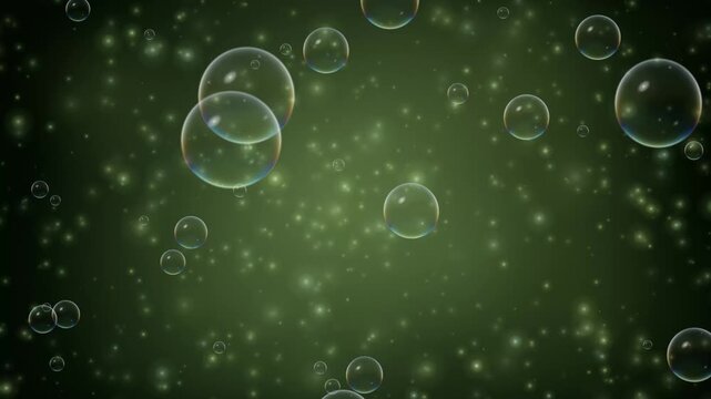 Glowing Green Magic Particles and Transparent Bubbles Floating Upward
