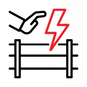 Iconic representation of a hand touching an electric fence with a red lightning bolt warning symbol.