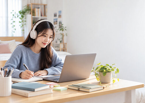 Young Asian Woman Studying Online with Laptop and Headphones at Home