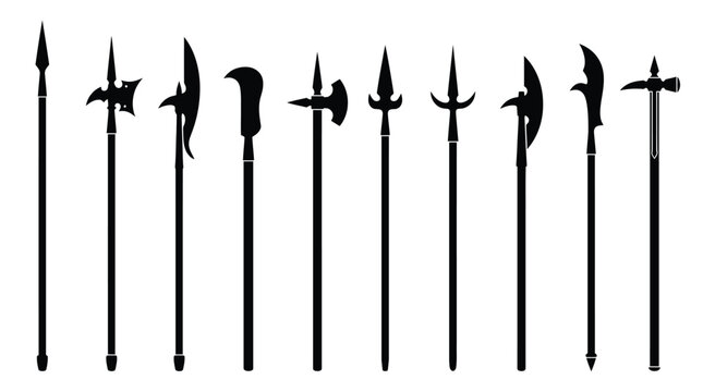 Black silhouette vector illustration of various medieval polearms including spears halberds and battle axes against white background