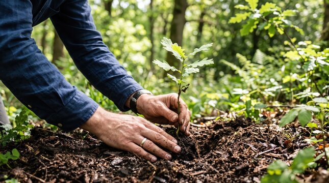 Person planting a young oak sapling in forest soil, environmental conservation, reforestation effort, ecological restoration, gardening activity, protecting nature