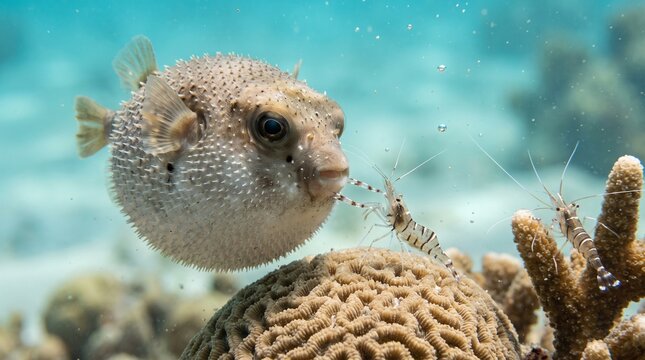Pufferfish swimming near coral reef in clear tropical ocean