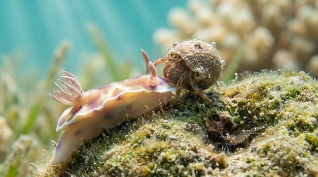 Close-up of Hermit Crab and Sea Slug on Ocean Floor
