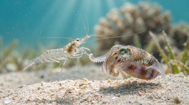 Underwater scene with shrimp and cuttlefish interaction on sandy ocean floor