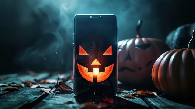 Smartphone displaying a glowing jack o lantern face on a rustic wooden table with pumpkins with smartphone screen