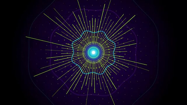 Abstract neon pulsing sunburst with radial light rays and glowing wavy circles motion graphic.
