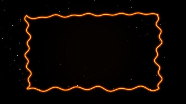 Orange neon glowing frame animation with sparkling particles moving on dark black background.