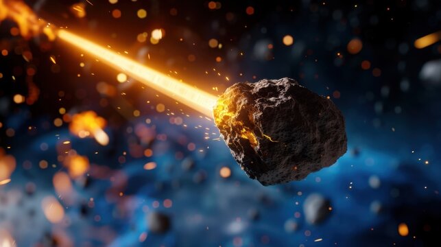 Dynamic Explosion of Asteroid in Outer Space with Bright Laser Beam and Colorful Particle Effects