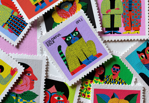 Colorful Folk Art Stamp Mockup PSD Featuring Diverse Characters