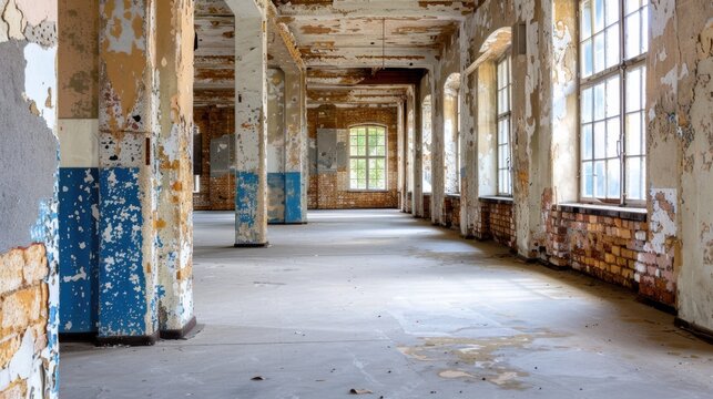 Abandoned industrial building interior with deteriorating walls and windows letting in natural light
