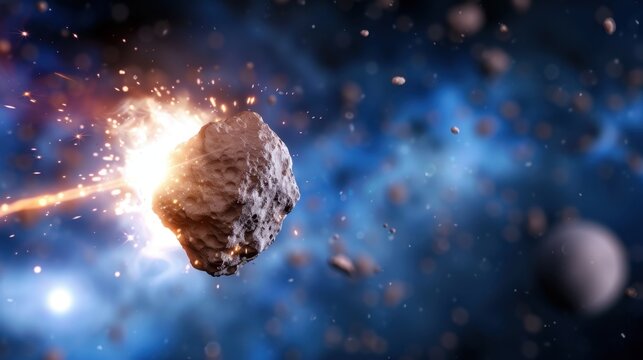 Stunning asteroid impact in deep space with explosions and cosmic background filled with stars and nebulae