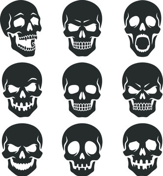 Scary human skull face icons and expressions set in black and white silhouette