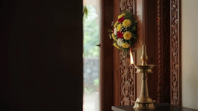 Traditional Indian Diya and Flowers for Kannada Rajyotsava