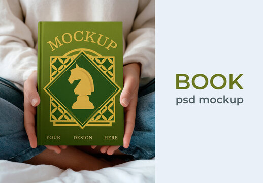 Young Woman Holding Green Book Mockup PSD In Cozy Bedroom
