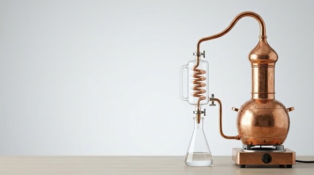 A copper alembic still sits on a wooden table against a plain white background. The still features a spiral condenser, a glass receiving flask, and a heating base.