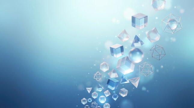 Abstract geometric shapes float in a gradient blue background. Several translucent cubes and polyhedra, rendered with a realistic glass effect, appear to be suspended in mid-air.