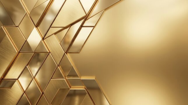 A luxurious, abstract background features a geometric pattern of overlapping gold-colored shapes. The design incorporates a fractured, tessellated style, creating a sense of depth and complexity.