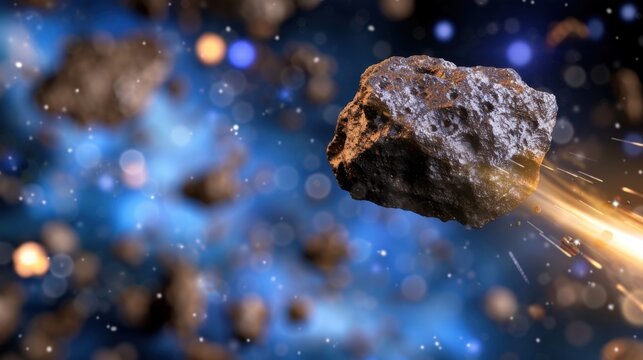 Dynamic Asteroid Movement in Deep Space with Vibrant Cosmic Background and Motion Blurs for Sci-Fi or Astronomy Themes