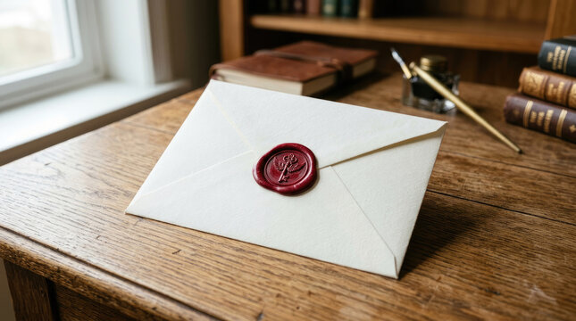 A white envelope with a red wax seal sits on a wooden table next to an open leather-bound journal and a vintage fountain pen.