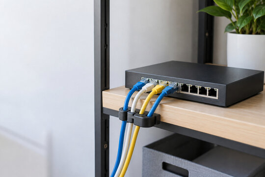 Ethernet Network Switch with Connected Cables in Office