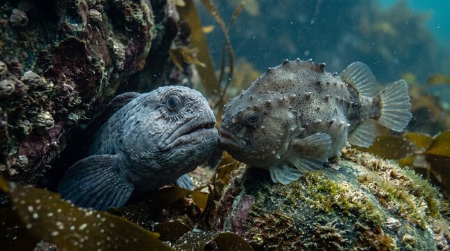 Two fish interacting underwater among seaweed and rocks