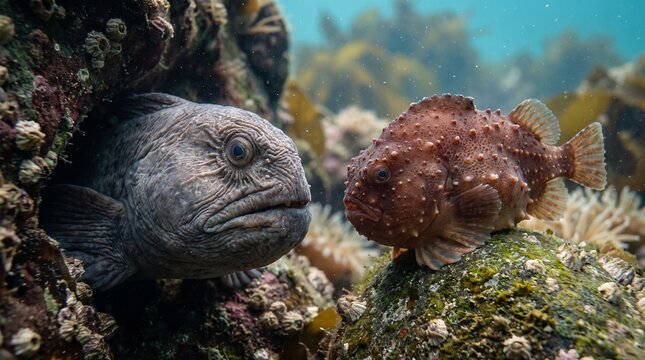Two fish interacting in a vibrant underwater seascape