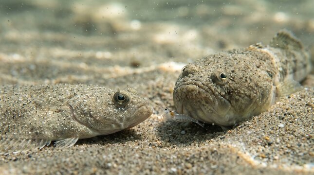 Two camouflaged fish blending into sandy ocean floor