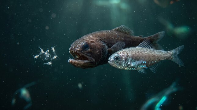 Deep sea fish swimming in dark ocean environment with bioluminescent glow
