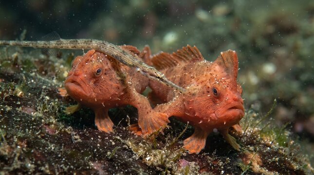 Two orange frogfish resting on a coral reef underwater