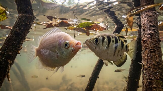 Underwater scene with two fish surrounded by submerged branches