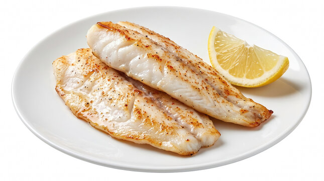 Pan Seared White Fish Fillets with Lemon Wedge on a White Plate