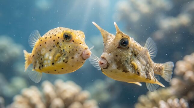 Two Yellow Boxfish Swimming in Vibrant Coral Reef Underwater