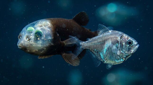 Deep sea fish swimming in dark ocean waters with glowing features