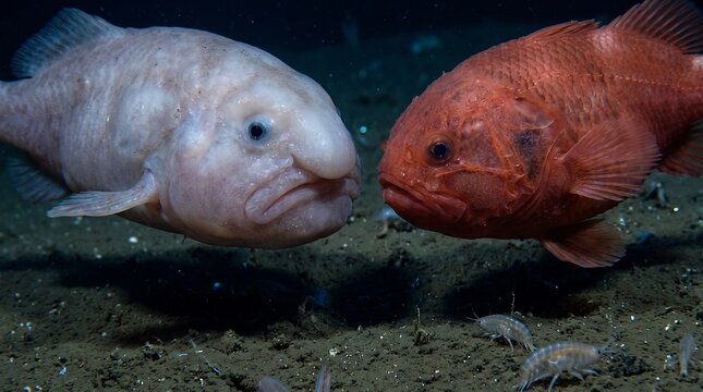 Two deep-sea fish interacting on ocean floor in natural habitat
