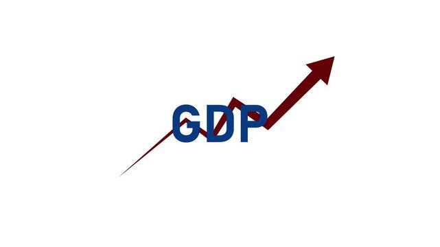 Bold GDP text with a rising red arrow on a green background, representing economic growth, financial progress, business success, and market development.