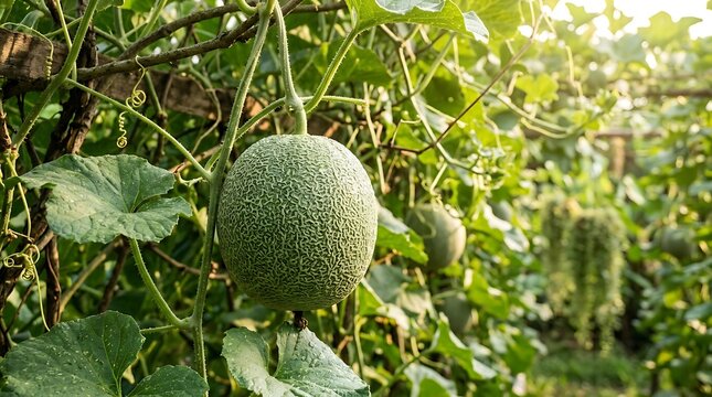 Fresh green cantaloupe melon hanging ripe on vine in organic garden