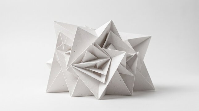 Complex white origami geometric star paper sculpture on white background