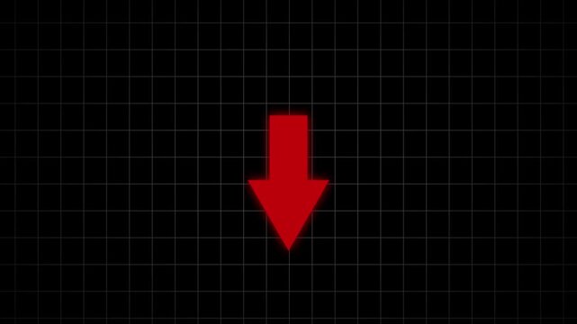 Red downward arrow icon pulsing on digital grid background, for financial analysis, and data trends
