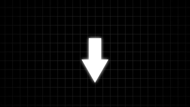 Glowing white arrow pointing down on digital grid background, minimalist motion for ui and data visualization