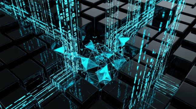 Abstract digital data stream flowing through a network of dark cubes, glowing teal light, futuristic technology concept, data analysis and processing, information flow