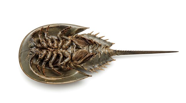 Underside view of a horseshoe crab showing its legs and mouthparts on a white background, highlighting its unique anatomy.