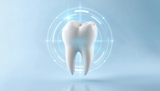 Healthy White Tooth Rotating in Futuristic Blue Dental Interface with Copy Space